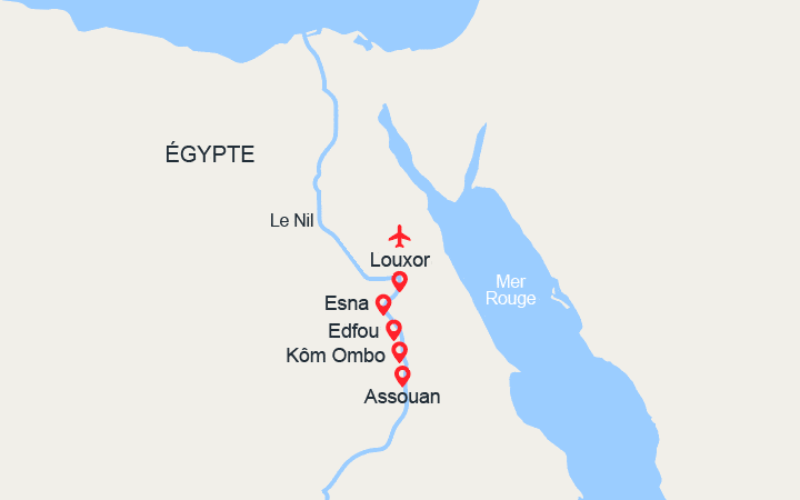 Carte itinéraire croisière Merveilles au Fil du Nil à bord du Nephtis (avec visites)