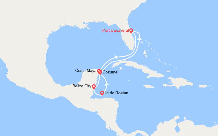 Carte itinéraire croisière Mexique, Belize, Honduras, États-Unis