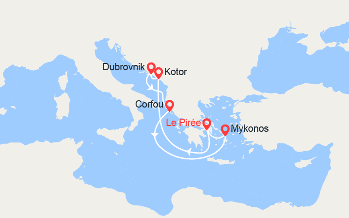 Carte itinéraire croisière Monténégro, Croatie, Grèce