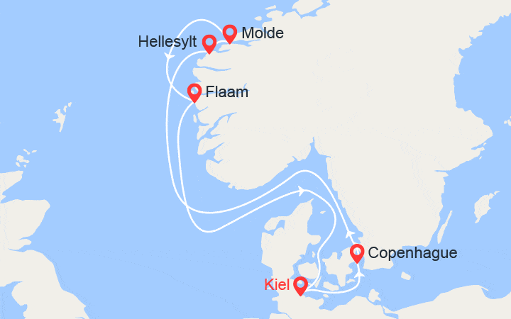 Carte itinéraire croisière Norvège : Hellesylt, Molde, Flam