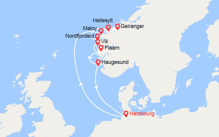 Carte itinéraire croisière Norvège : Maloy, Nordfjordeid, Vik, Flam, Haugesund