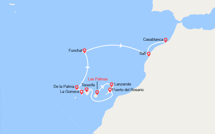 Carte itinéraire croisière Odyssée atlantique des Canaries aux rivages marocains