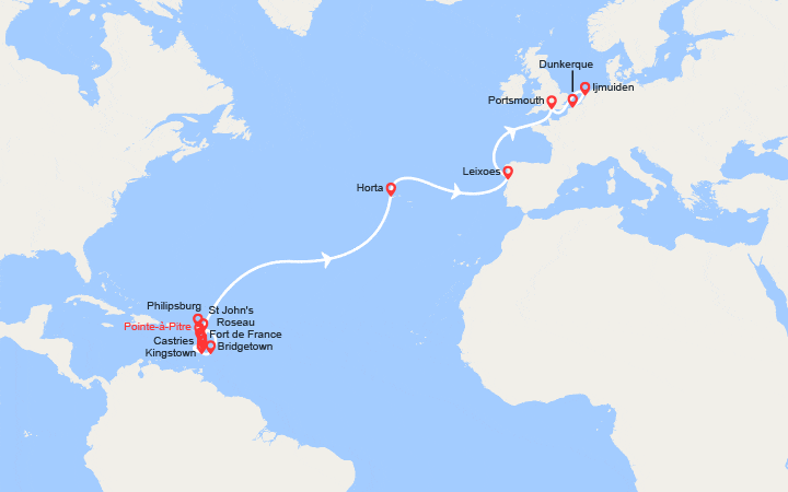 Carte itinéraire croisière Paradis insulaires et transatlantiques