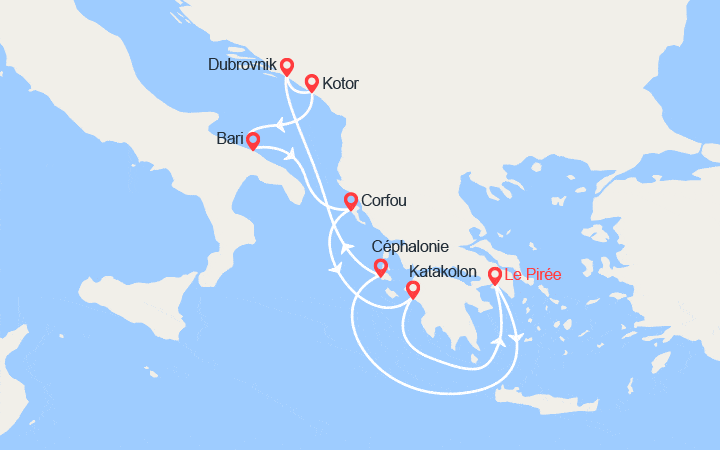 Carte itinéraire croisière Paradisiaque Grèce Italie Croatie