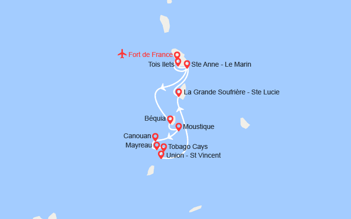 Carte itinéraire croisière Passion Grenadines