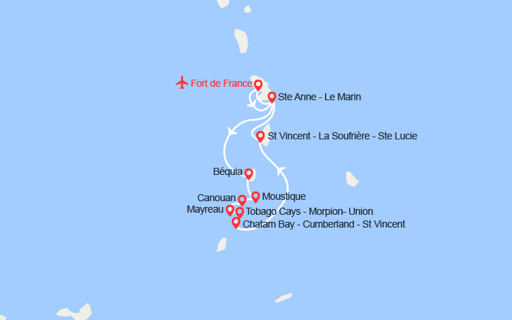Carte itinéraire croisière Passion Grenadines et extension 4 nuits à l'hôtel Karibea Sainte-Luce