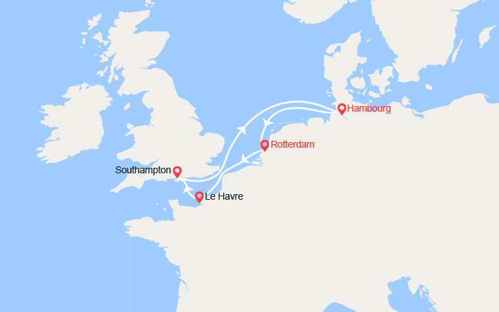 Carte itinéraire croisière Pays Bas, France, Royaume-Uni, Allemagne