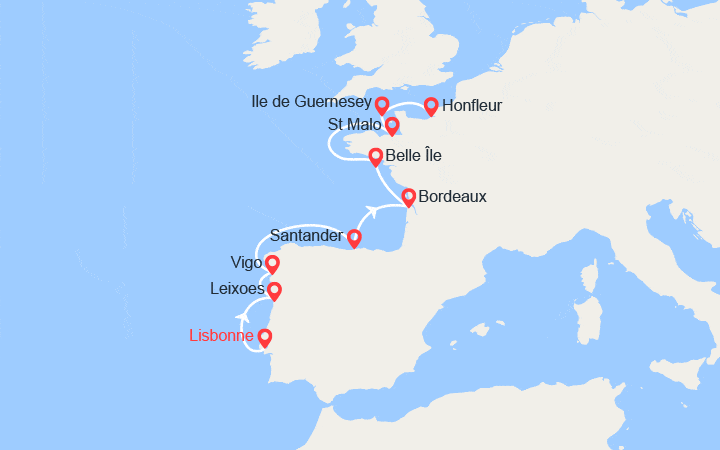 Carte itinéraire croisière Péninsule Ibérique et cités fortifiées de l’Atlantique