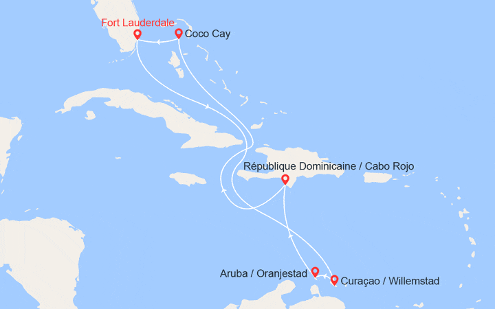 Carte itinéraire croisière Petites Antilles, Rép. Dominicaine, Bahamas