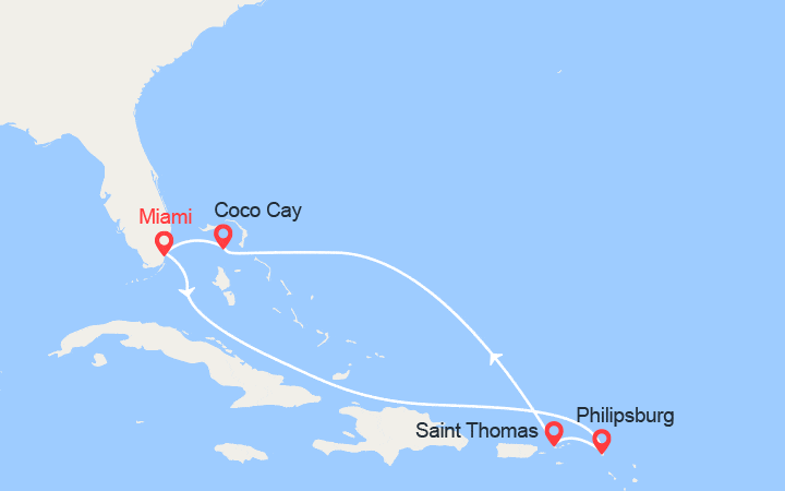 Carte itinéraire croisière Philipsburg, Charlotte Amalie, CocoCay