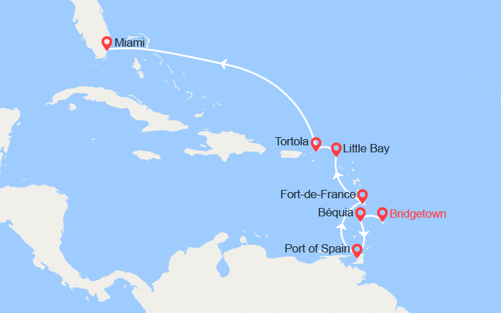 Carte itinéraire croisière Port-d'Espagne, Bequia, Fort-de-France, Little Bay, Road Town