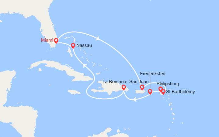 Carte itinéraire croisière Porto Rico, Antilles, Rép. Dominicaine