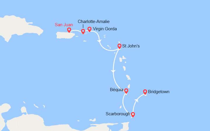 Carte itinéraire croisière Porto Rico, îles Vierges, Antigua, Martinique, St Vincent et les Grenadines…