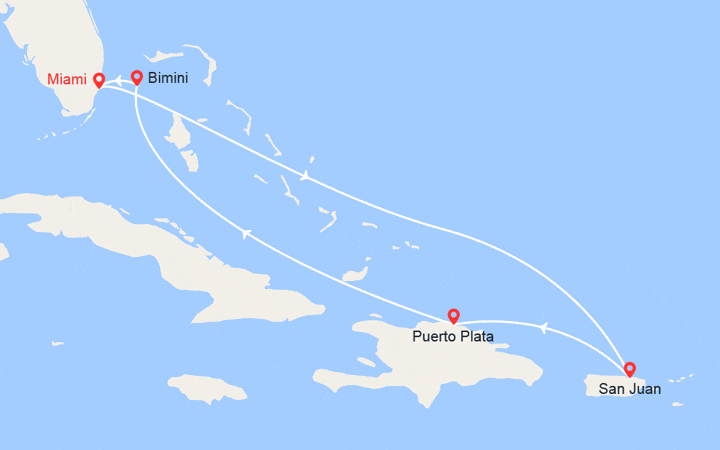 Carte itinéraire croisière Porto Rico, République Dominicaine, Bahamas
