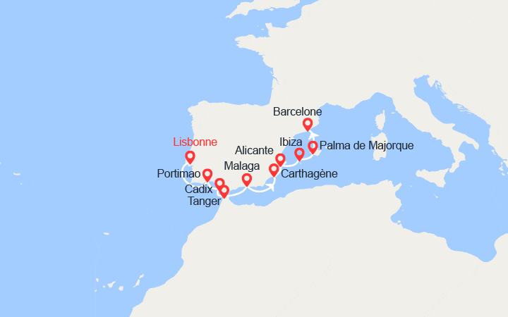 Carte itinéraire croisière Portugal, Espagne, Maroc.