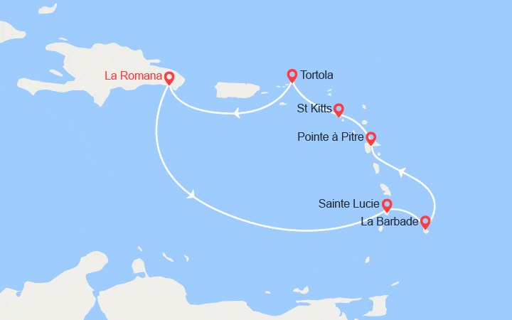 Carte itinéraire croisière Rép.Dominicaine, Antilles, Iles Vierges