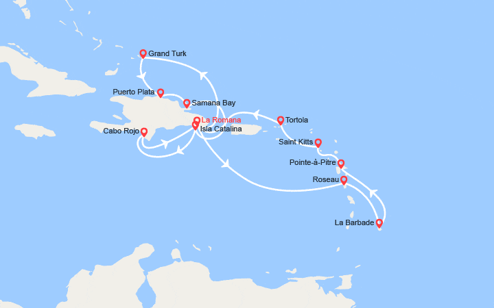 Carte itinéraire croisière Rép. Dominicaine, Dominique, Antilles, îles Vierges, îles Turks et Caïques