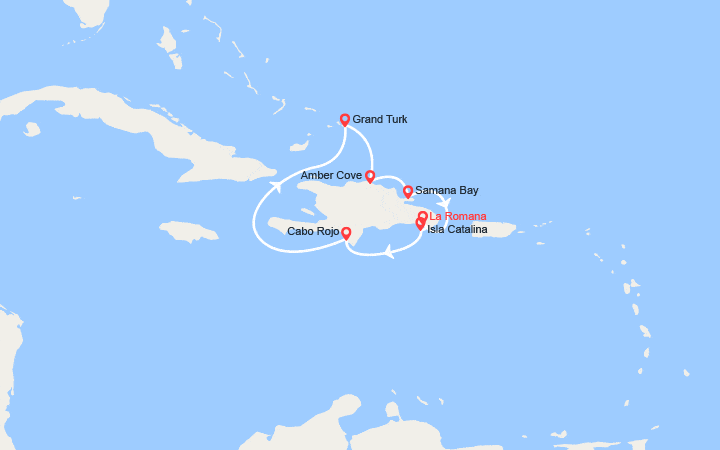 Carte itinéraire croisière Rép. Dominicaine, îles Turks et Caïques