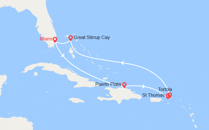 Carte itinéraire croisière Rép. Dominicaine, Iles Vierges, Bahamas