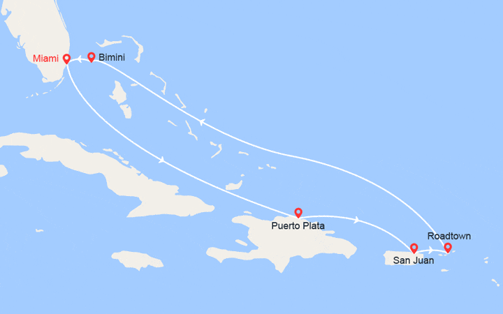 Carte itinéraire croisière Rép. Dominicaine,Porto Rico, Iles Vierges Britanniques, Bahamas