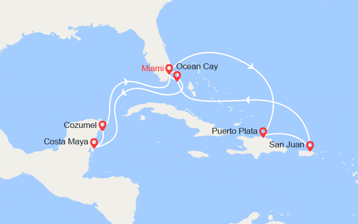 Carte itinéraire croisière République dominicaine, Porto Rico, Bahamas, Mexique