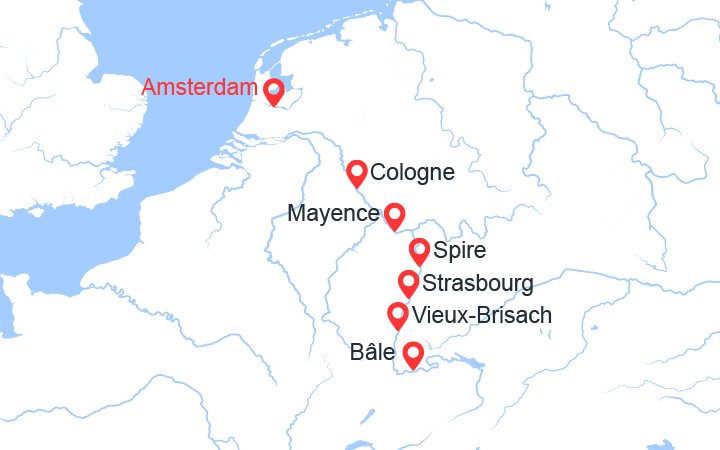 Carte itinéraire croisière Rhin : d'Amsterdam à Bâle
