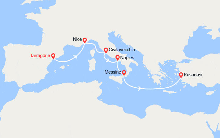 Carte itinéraire croisière Rivieras méditerranéennes : Espagne, France, Italie, Turquie