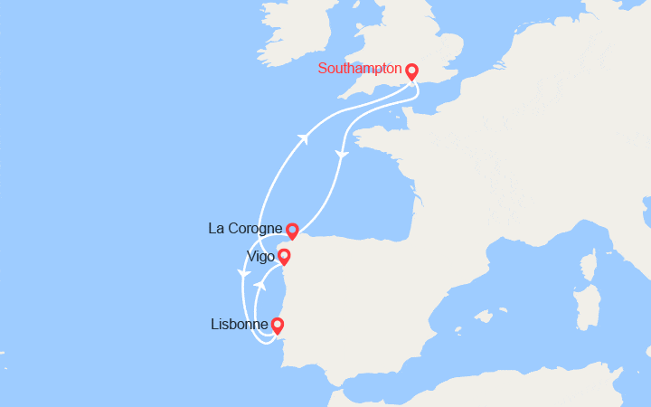 Carte itinéraire croisière Royaume-Uni, Espagne, Portugal