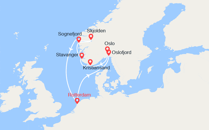 Carte itinéraire croisière Sagas Vikings: Oslo, Mandal, Stavanger, Sognefjord...