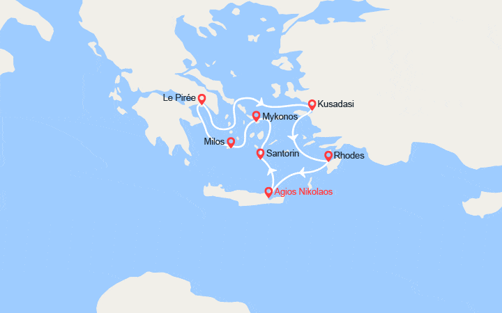 Carte itinéraire croisière Santorin, Mykonos, Milos, Athènes, Kusadasi, Rhodes, Crète