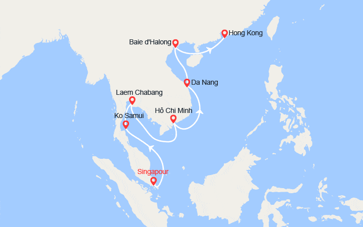 Carte itinéraire croisière Singapour, Thaïlande, Vietnam, Chine