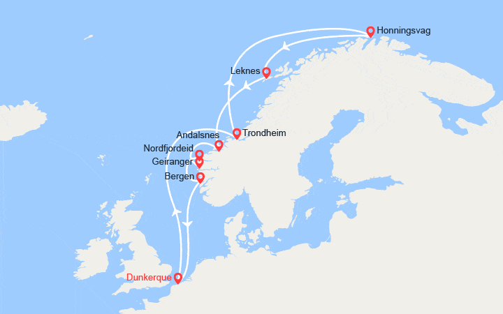 Carte itinéraire croisière Soleil de Minuit et Fjords de Norvège