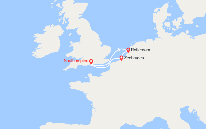 Carte itinéraire croisière Southampton, Rotterdam, Bruges