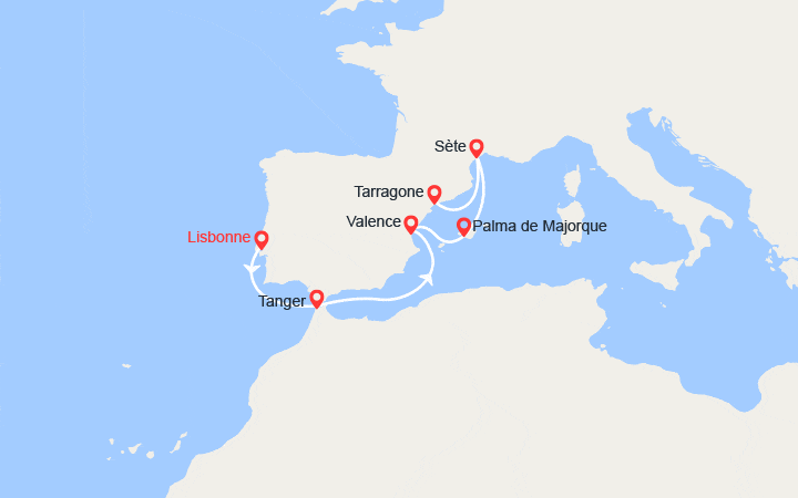 Carte itinéraire croisière Splendeurs Méditerranéennes : Portugal, Maroc, France, Espagne