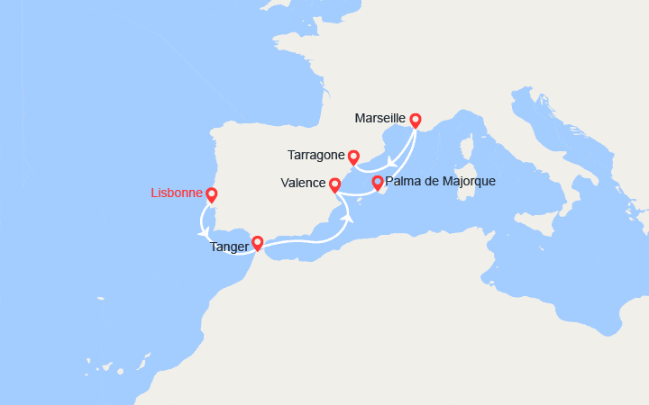Carte itinéraire croisière Splendeurs Méditerranéennes : Portugal, Maroc, France, Espagne