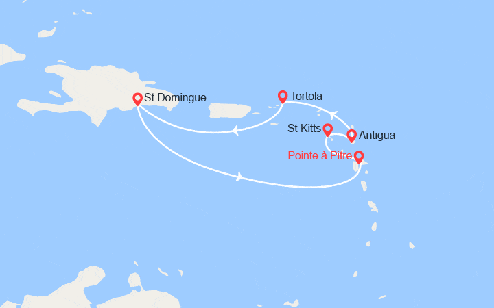Carte itinéraire croisière St Kitts, Antigua, Tortola, St Domingue