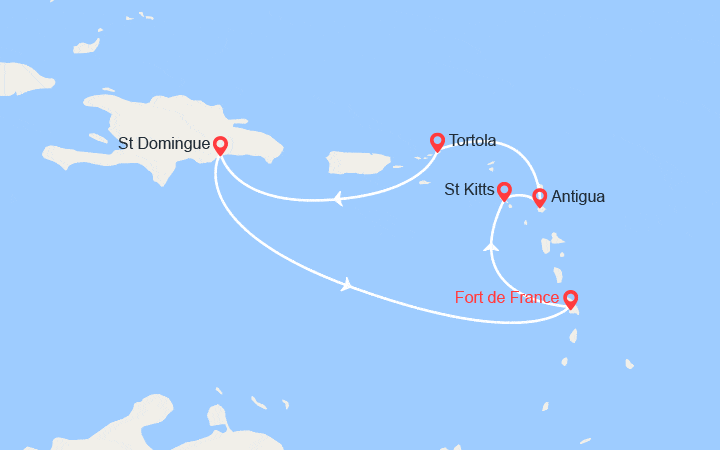 Carte itinéraire croisière St Kitts, Antigua, Tortola, St Domingue
