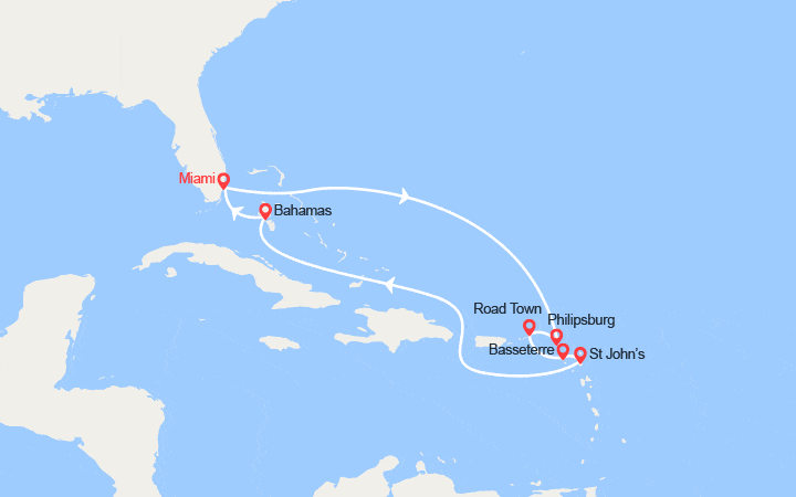 Carte itinéraire croisière St Maarten, Iles Vierges, St Kitts, Antigua, Bahamas