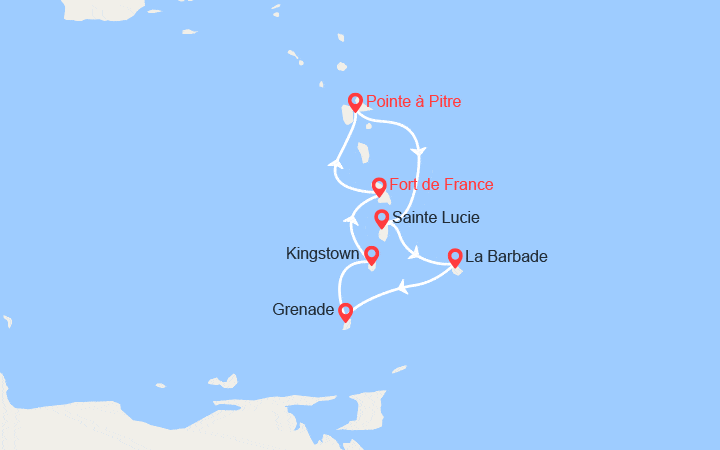 Carte itinéraire croisière Ste Lucie, Barbade, Grenade, Grenadines