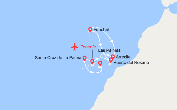 Carte itinéraire croisière Tenerife, Fuerteventura, Madère, Lanzarote, Gran Canaria, La Palma | Vol inclus