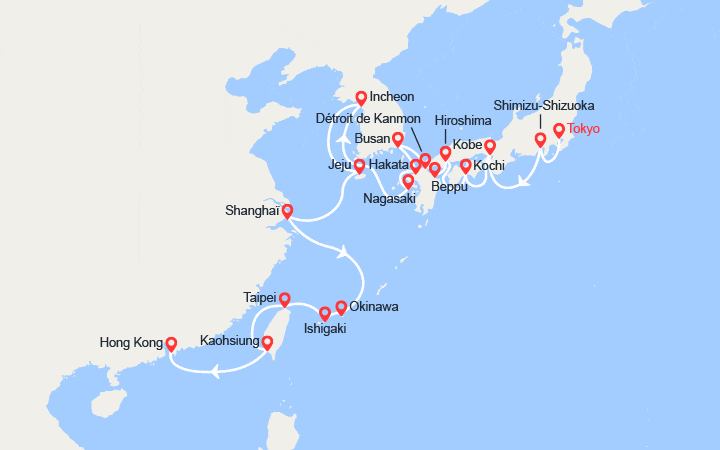 Carte itinéraire croisière Tokyo à Hong Kong