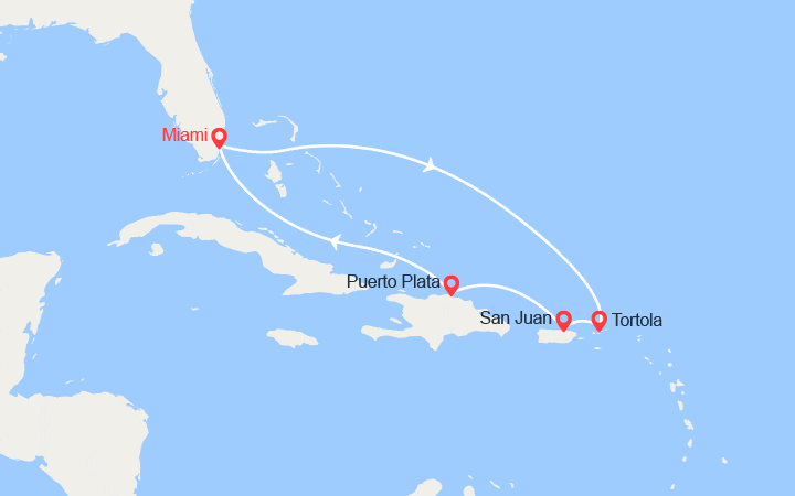 Carte itinéraire croisière Tortola, Porto Rico, Rép Dominicaine