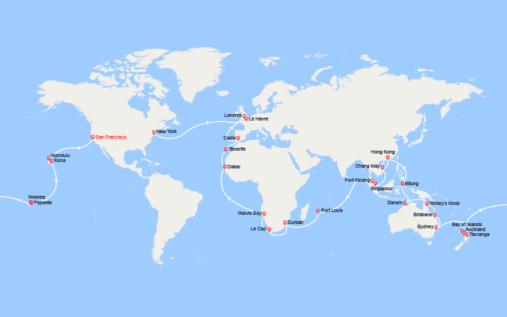 Carte itinéraire croisière Tour du Monde 2026 : de San Francisco à New York