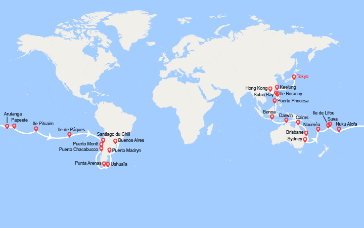 Carte itinéraire croisière Tour du Monde 2026 de Tokyo à Buenos Aires