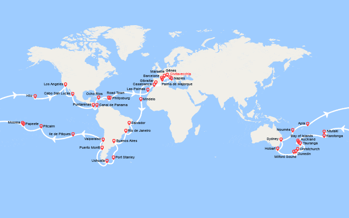 Carte itinéraire croisière Tour du Monde 2027 au départ de Civitavecchia