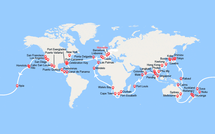 Carte itinéraire croisière Tour du Monde 2028 au départ de Marseille