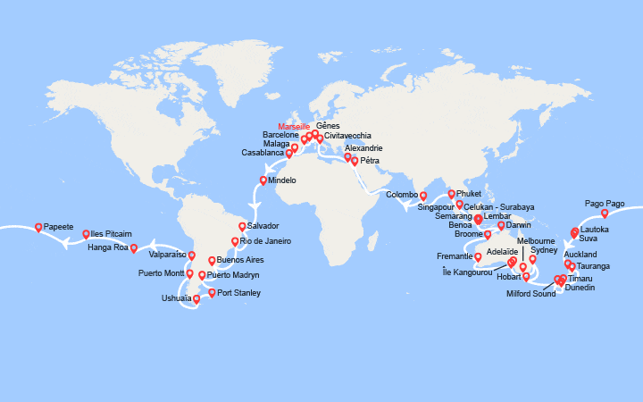 Carte itinéraire croisière Tour du Monde 2029 au départ de Marseille