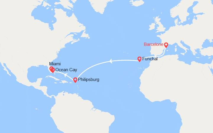 Carte itinéraire croisière Transatlantique : d'Espagne en Floride