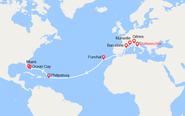 Carte itinéraire croisière Transatlantique : d'Italie en Floride