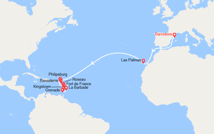 Carte itinéraire croisière Transatlantique : de Barcelone à la Martinique